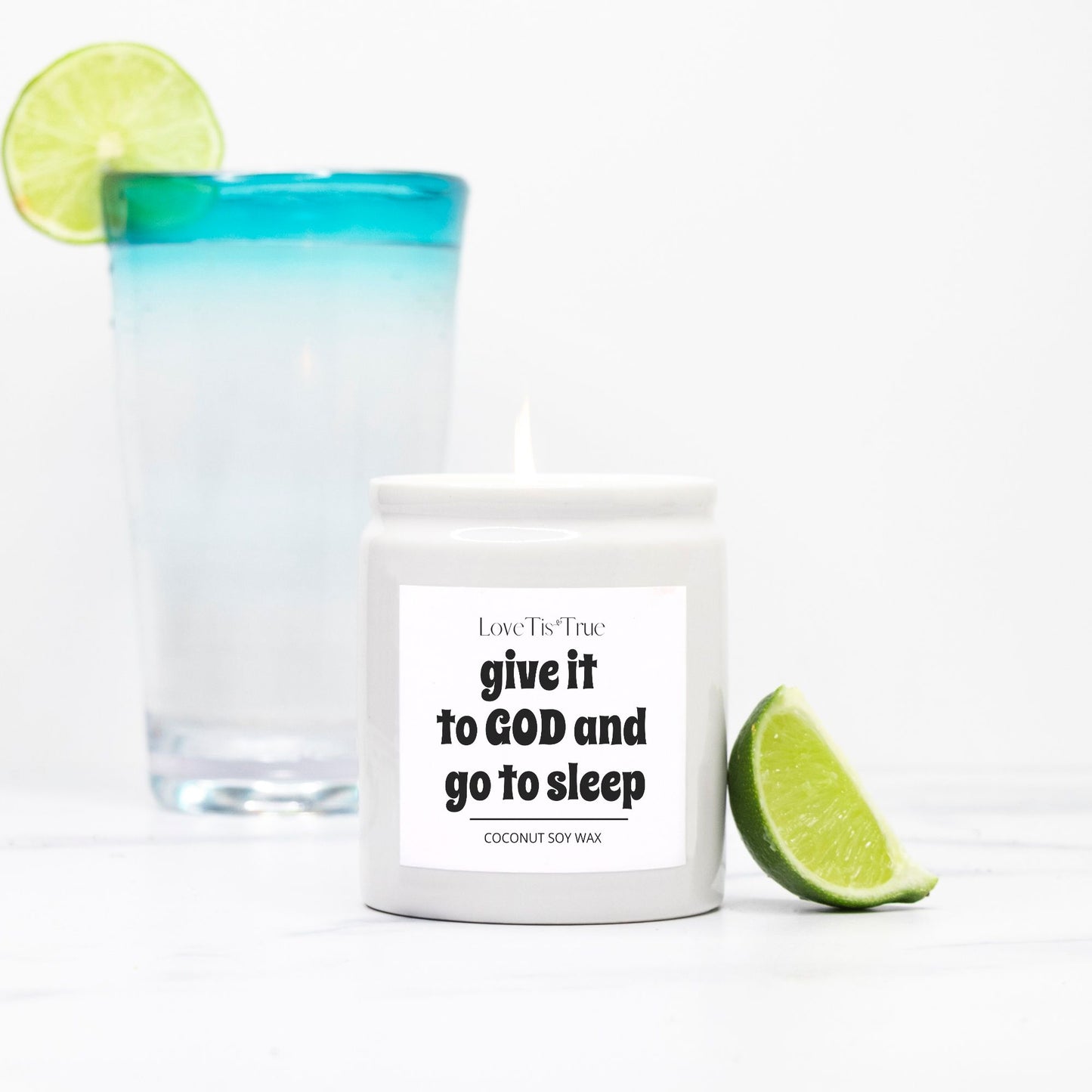 Dáselo a Dios y vete a dormir Vela Cerámica 8oz (Blanco)