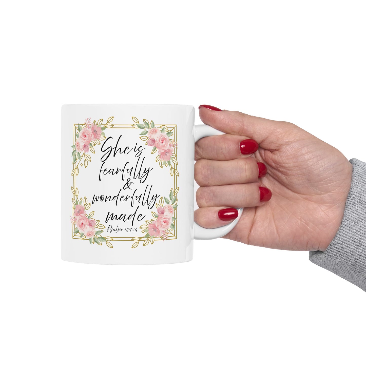 She is Fearfully and Wonderfully Made – 11oz Scripture Mug | White Ceramic Coffee Cup
