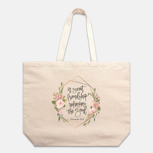 Sweet Friendship Proverbs Cotton Canvas Oversized Natural or White Tote