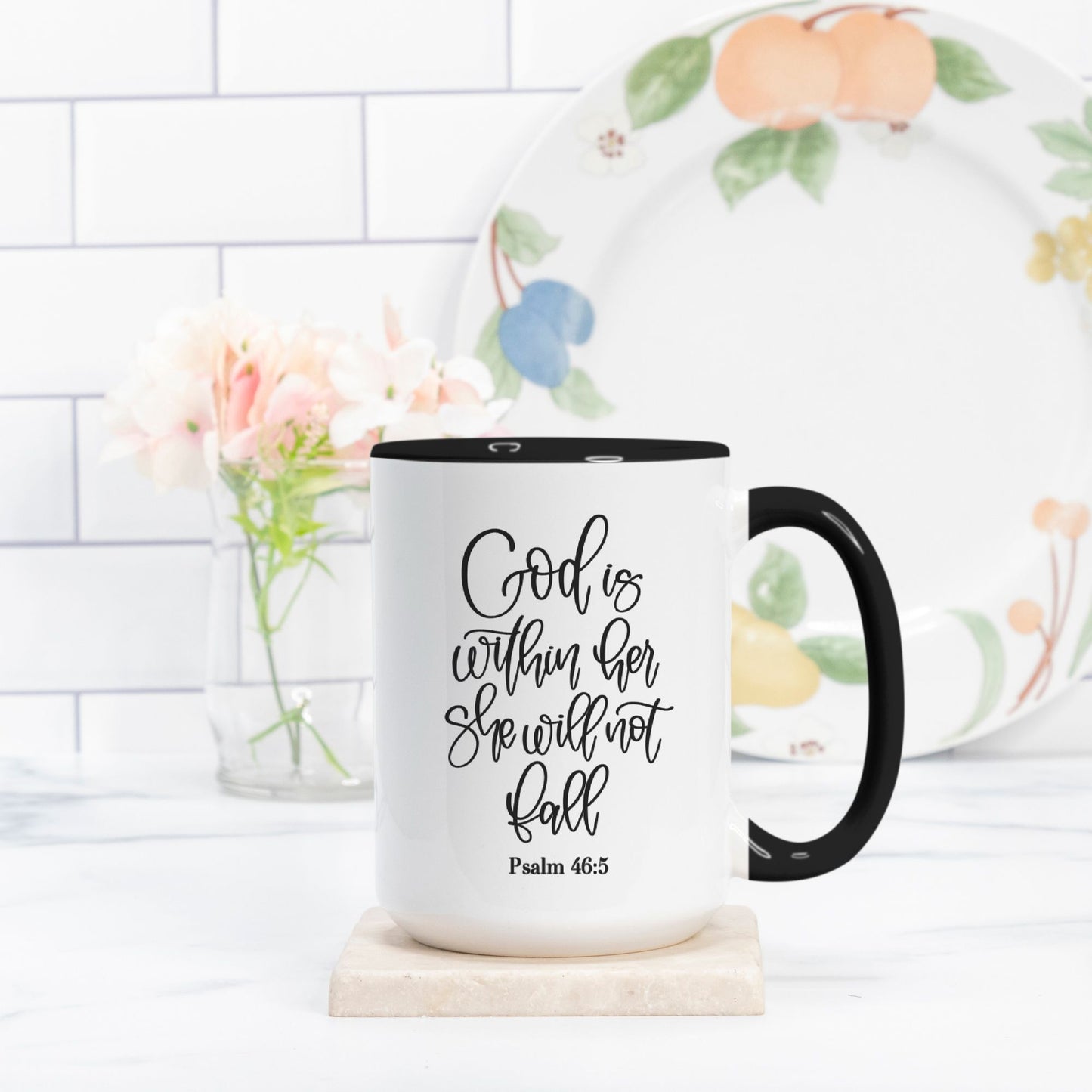 Psalm 46:5 God's Within Her She Will Not Fall - Bible Verse Mugs 15oz. (Black + White)