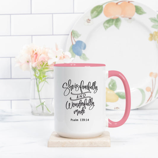 Psalm 139:14 She is fearfully and wonderfully made - Bible Verse Mugs