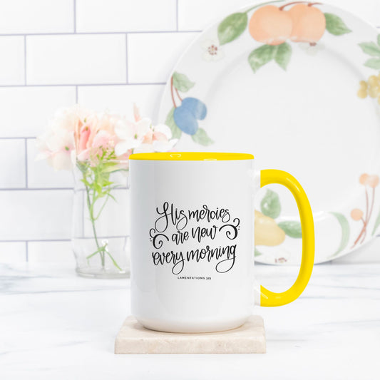 His Mercies Are New Every Morning Bible Verse Mugs 15oz. (Yellow + White)