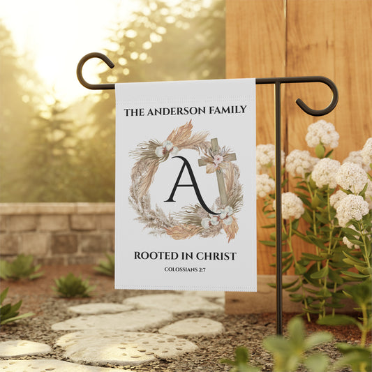 Rooted In Christ – Colossians 2:7 | Personalized Family Monogram Garden Flag | Boho Wreath & Wooden Cross