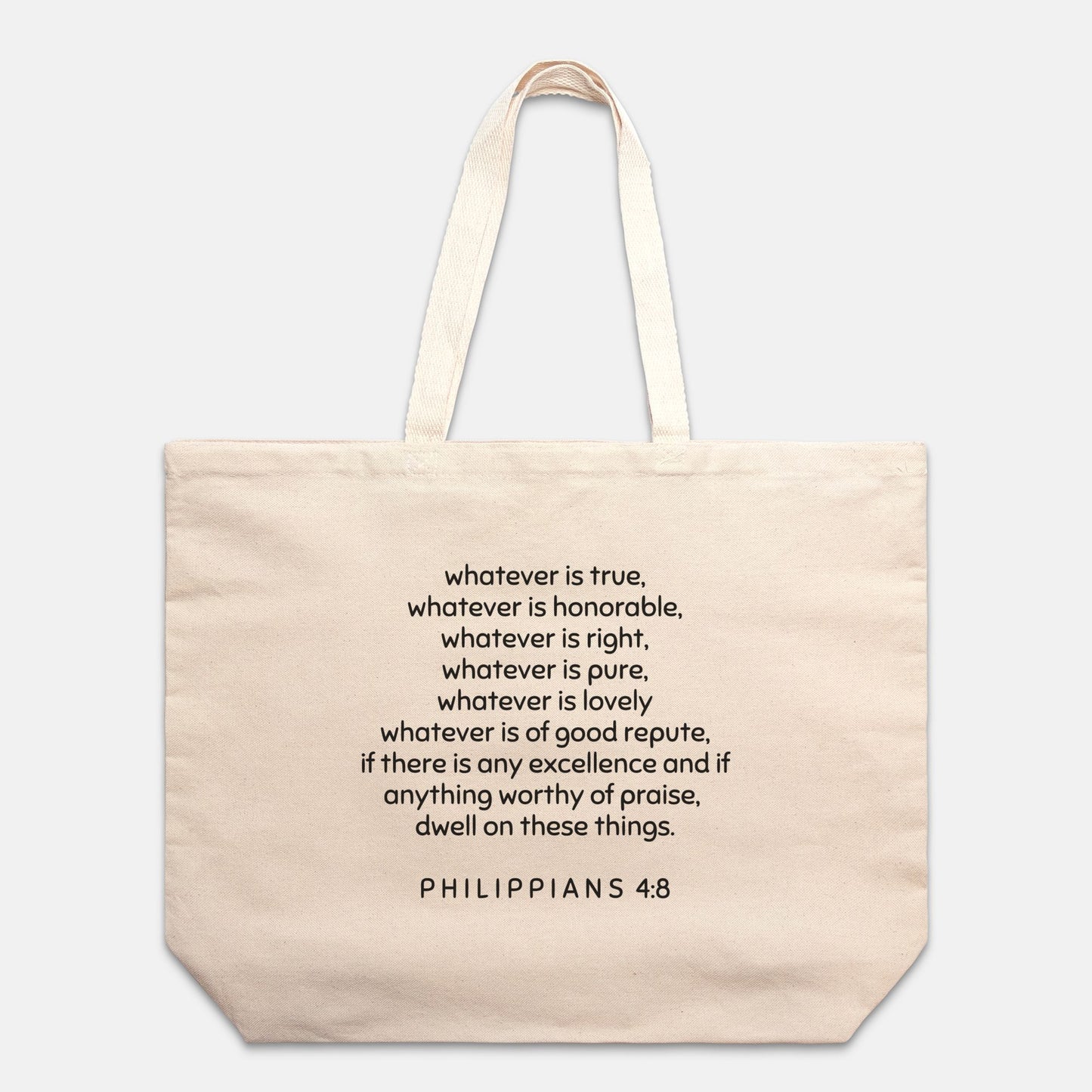 Whatever Is Philippians 4:8 Cotton Canvas Oversized Natural Tote