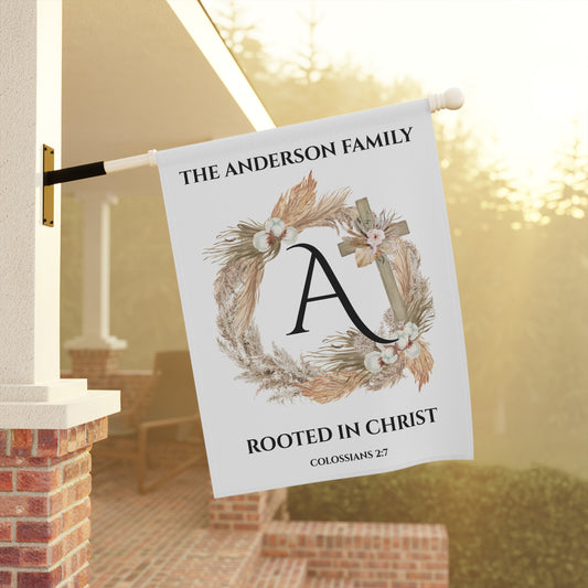 Rooted In Christ – Colossians 2:7 | Personalized Family Monogram Garden Flag | Boho Wreath & Wooden Cross