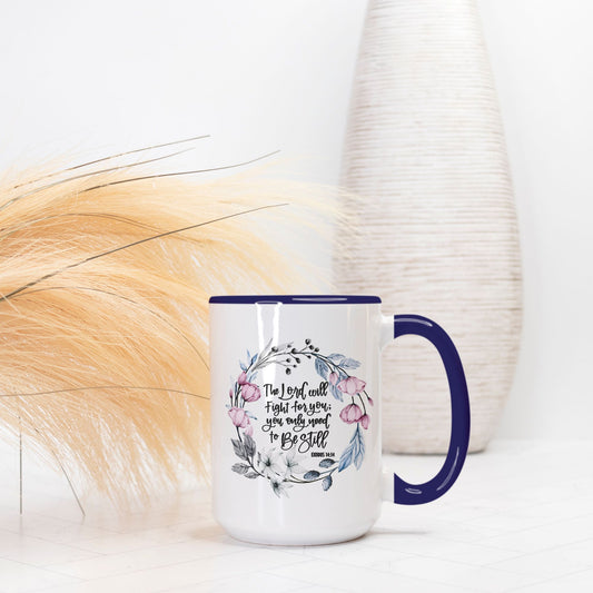 The Lord Will Fight For You - Exodus 14:14 Bible Verse Mugs Deluxe 15oz. (Dark Blue + White)