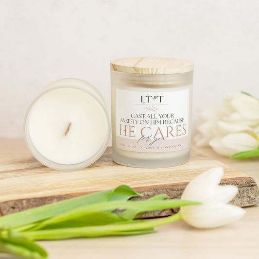 He Cares For You Candle Frosted Glass (Hand Poured 11 oz)