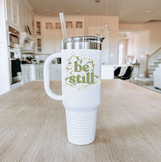 Be Still – 40oz Insulated Bible Verse Travel Mug with White Orchid Design