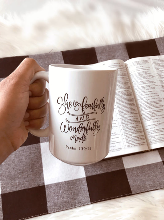 Psalm 139:14 She is fearfully and wonderfully made - Bible Verse Mugs